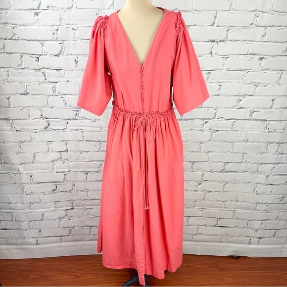 Mirth Maxi Dress Coral Pink Cotton Small Handmade Ruffled Flutter Sleeve V-neck - Picture 1 of 12